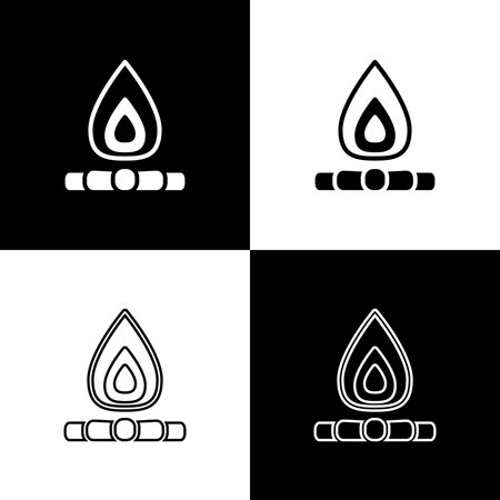 Set Campfire icon isolated on black and white background. Burning bonfire with wood. Vector.のイラスト素材