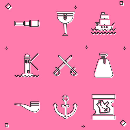 Set Spyglass telescope lens Wooden pirate leg Ship Lighthouse Crossed swords Pirate sack Smoking pipe and Anchor icon. Vector.のイラスト素材