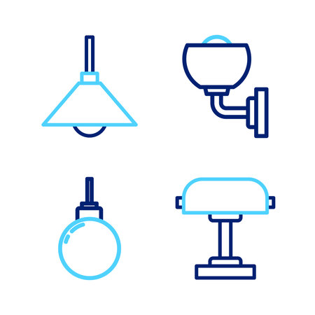 Set line Table lamp Lamp hanging Wall or sconce and icon. Vector.のイラスト素材