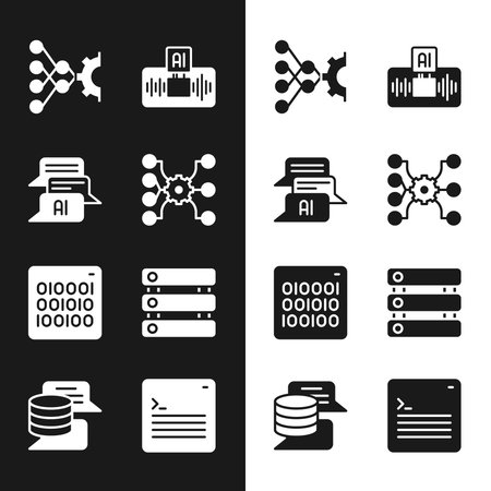 Set Neural network Chat bot Artificial intelligence AI Binary code Server Data Web developer programming and icon. Vector.のイラスト素材