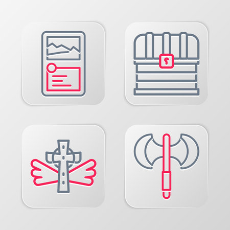 Set line Medieval poleaxe Christian cross Chest and Card game collection icon. Vector.のイラスト素材