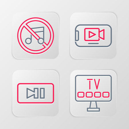 Set line Smart Tv Pause button Online play video and Speaker mute icon. Vector.のイラスト素材