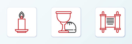 Set line Decree paper parchment scroll Burning candle and Holy grail or chalice icon. Vector.のイラスト素材
