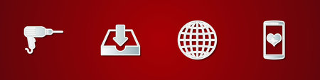 Set Drill machine, Download inbox, Earth globe and Smartphone with heart rate icon. Vector.のイラスト素材
