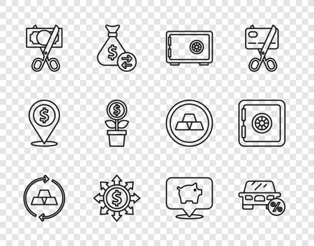 Set line Gold bars Car leasing percent Safe Dollar share network Scissors cutting money plant Piggy bank and icon. Vector.のイラスト素材