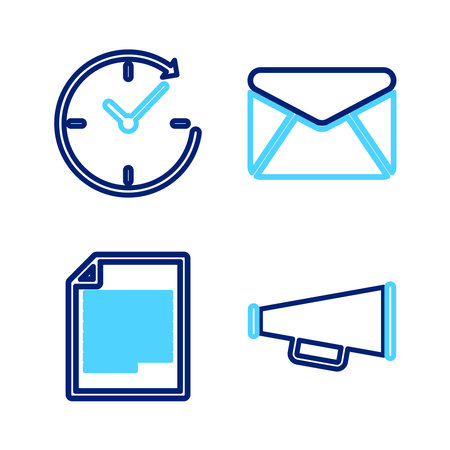 Set line Megaphone Document Envelope and Clock with arrow icon. Vector.のイラスト素材