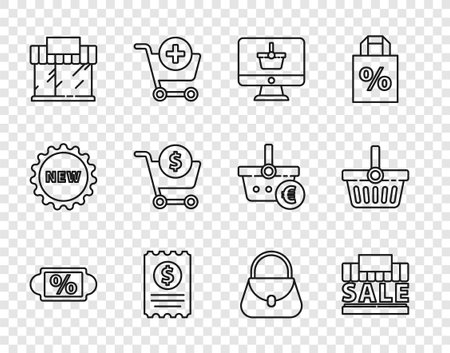 Set line Discount percent tag Shopping building and sale Monitor with shopping basket Paper check financial check market store cart dollar Handbag and icon. Vector.のイラスト素材
