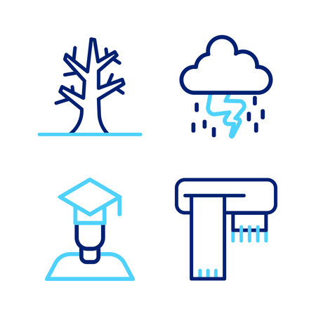 Set line Winter scarf Graduate and graduation cap Storm and Bare tree icon. Vector.のイラスト素材