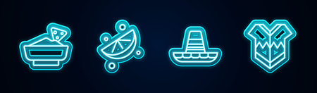 Set line Nachos in bowl, Sliced lime, Mexican sombrero and Poncho. Glowing neon icon. Vector.のイラスト素材