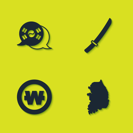 Set South Korea flag, map, Korean won coin and Katana icon. Vector.のイラスト素材