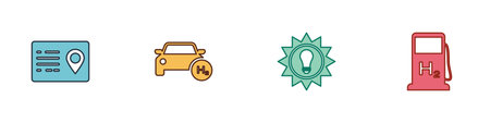 Set Address book, Hydrogen car, Solar energy panel and filling station icon. Vector.のイラスト素材