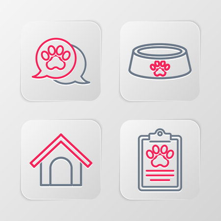 Set line Clinical record pet Dog house Pet food bowl and Paw print icon. Vector.のイラスト素材