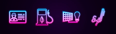 Set line Identification badge, Bio fuel with fueling nozzle, Solar energy panel and light bulb and Signature. Glowing neon icon. Vector.のイラスト素材