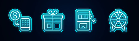 Set line Casino chips exchange Gift box Slot machine and Lucky wheel. Glowing neon icon. Vector.のイラスト素材