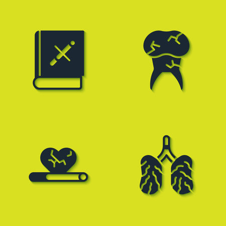 Set Book with stop cigarette, Disease lungs, Heart disease smoking and Tooth cavities icon. Vector.のイラスト素材