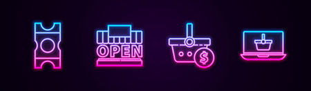 Set line Coupon, Shopping building and open, basket dollar and laptop. Glowing neon icon. Vector.のイラスト素材