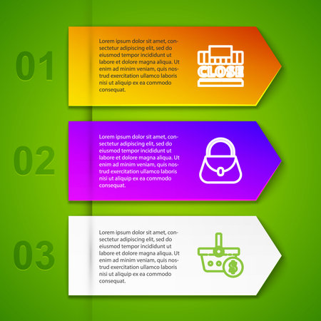 Set line Shopping building and text closed, Handbag, basket dollar and . Business infographic template. Vector.のイラスト素材