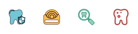 Set Dental protection, floss, search and Tooth with caries icon. Vector.のイラスト素材