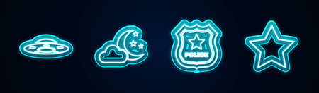 Set line UFO flying spaceship, Cloud with moon and stars, Police badge and Star. Glowing neon icon. Vector.のイラスト素材