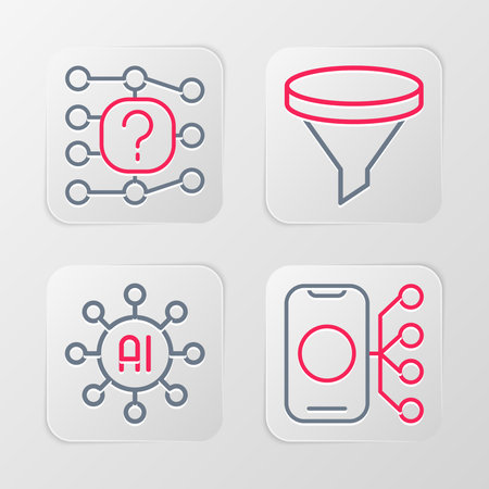 Set line Neural network Funnel filter and icon. Vector.のイラスト素材