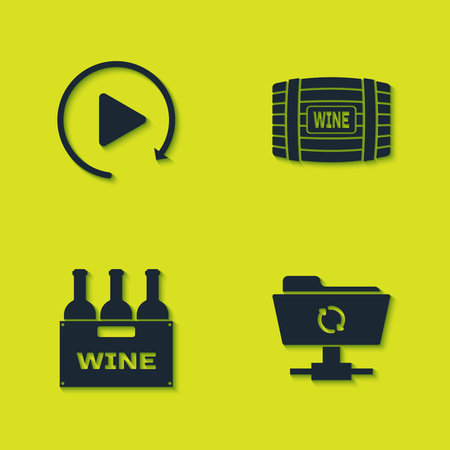 Set Video play button, FTP sync refresh, Bottles of wine in box and Wooden barrel for icon. Vector.のイラスト素材