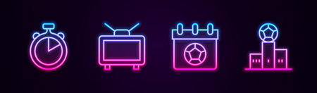 Set line Stopwatch, Football match on TV, or soccer calendar and Award over sports winner podium. Glowing neon icon. Vector.のイラスト素材