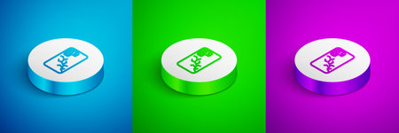 Isometric line Smartphone with broken screen icon isolated on blue, green and purple background. Shattered phone screen icon. White circle button. Vector.のイラスト素材