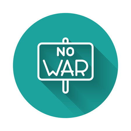 White line No war icon isolated with long shadow background. The peace symbol. Green circle button. Vector.のイラスト素材