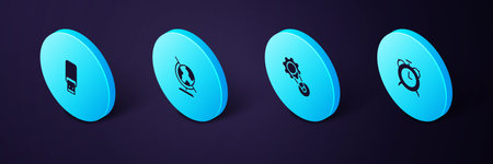 Set Isometric Alarm clock Timing belt kit Earth globe and USB flash drive icon. Vector.のイラスト素材