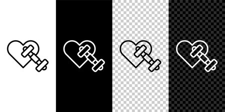 Set line Dumbbell with heart icon isolated on black and white, transparent background. Muscle lifting, fitness barbell, sports equipment. Vector.のイラスト素材