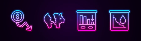 Set line Dollar rate decrease, Broken piggy bank, Pie chart infographic and Drop crude oil price. Glowing neon icon. Vector.のイラスト素材