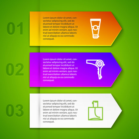 Set line Lotion cosmetic tube, Hair dryer, Perfume and Bar of soap. Business infographic template. Vector.のイラスト素材