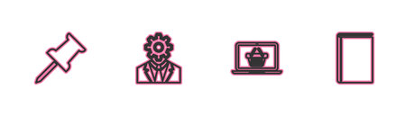 Set line Push pin, Shopping basket on laptop, Head with gear inside and Book icon. Vector.のイラスト素材