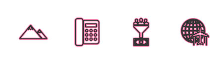 Set line Mountains, Lead management, Telephone and Globe with flying plane icon. Vector.のイラスト素材