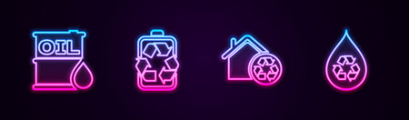 Set line Oil barrel, Battery with recycle, Eco House recycling and Recycle clean aqua. Glowing neon icon. Vector.のイラスト素材