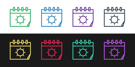 Set line Calendar and sun icon isolated on black and white background. Event reminder symbol. Vector Illustration.のイラスト素材