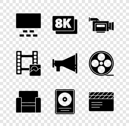 Set Cinema auditorium with seats 8k Ultra HD camera chair CD disk award frame Movie clapper Play Video and Megaphone icon. Vector.のイラスト素材