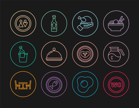 Set line Toilet Coffee pot Roasted turkey or chicken Covered with tray Champagne in an ice bucket Steak meat on plate and Wine bottle icon. Vector.のイラスト素材
