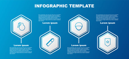 Set line Hand grenade, Bullet, Military helmet and Chevron. Business infographic template. Vector.のイラスト素材