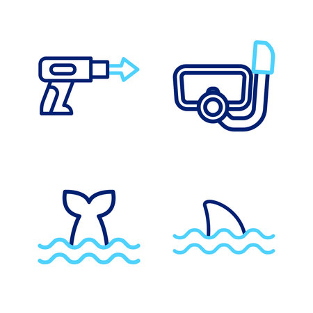 Set line Shark Whale tail Diving mask with snorkel and Fishing harpoon icon. Vector.のイラスト素材