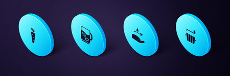 Set Isometric Sauna bucket and ladle, Leaf in hand, Cup of tea leaf and Carrot icon. Vector.のイラスト素材