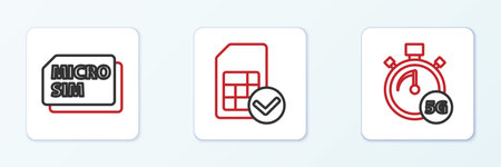 Set line Digital speed meter 5G Micro Sim Card and card icon. Vector.のイラスト素材