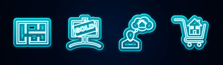 Set line House plan, Hanging sign with Sold, Man dreaming about buying house and Shopping cart. Glowing neon icon. Vector.のイラスト素材