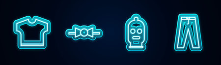Set line T-shirt, Bow tie, Balaclava and Pants. Glowing neon icon. Vector.のイラスト素材