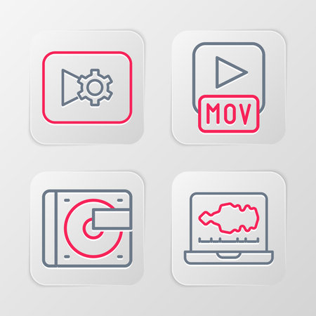 Set line Sound or audio recorder Vinyl player with vinyl disk MOV file and Music video settings icon. Vector.のイラスト素材