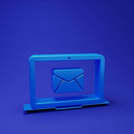 Blue Laptop with envelope and open email on screen icon isolated on blue background. Email...