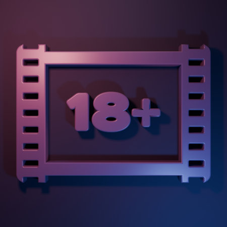 Purple Play Video with description icon isolated on purple-blue background. Age restriction symbol....