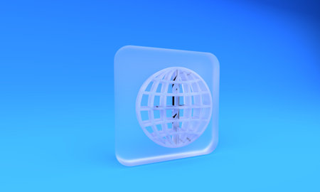 Frosted glass Earth globe icon isolated on blue background. Square frosted glass button. 3D render...