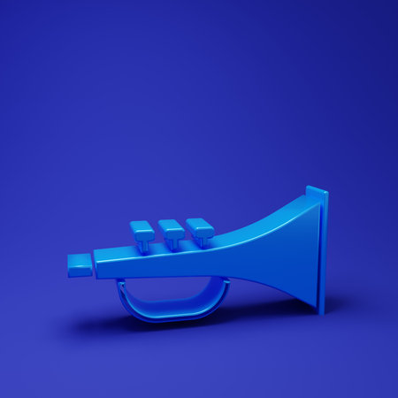 Blue Musical instrument trumpet icon isolated on blue background. Minimalism concept. 3D render...