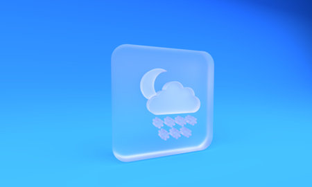 Frosted glass Cloud with snow and moon icon isolated on blue background. Cloud with snowflakes....